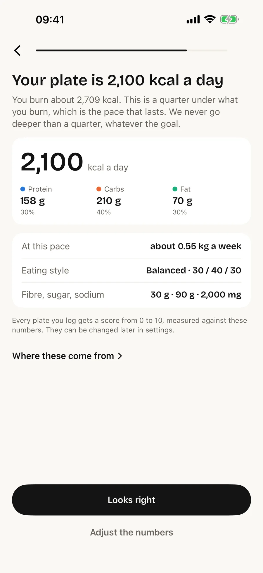 Your plate is 2,100 kcal a day: protein 158 g, carbs 210 g, fat 70 g, about 0.55 kg a week, with a link ‘Where these come from’